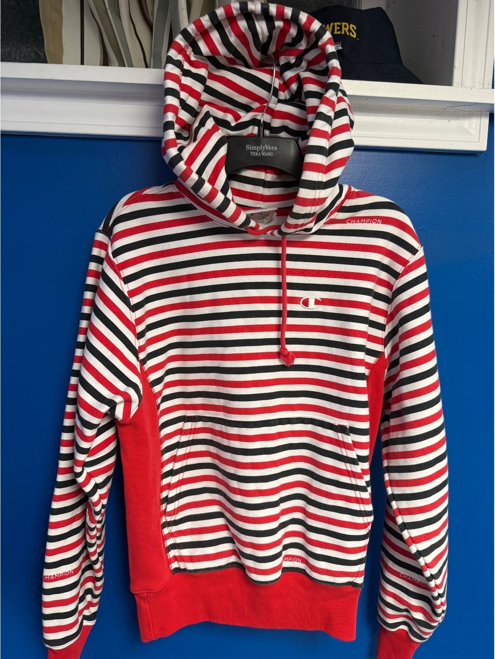Champion Reverse Weave Mens Small Red Black Striped Pullover Hoodie Sweatshirt
